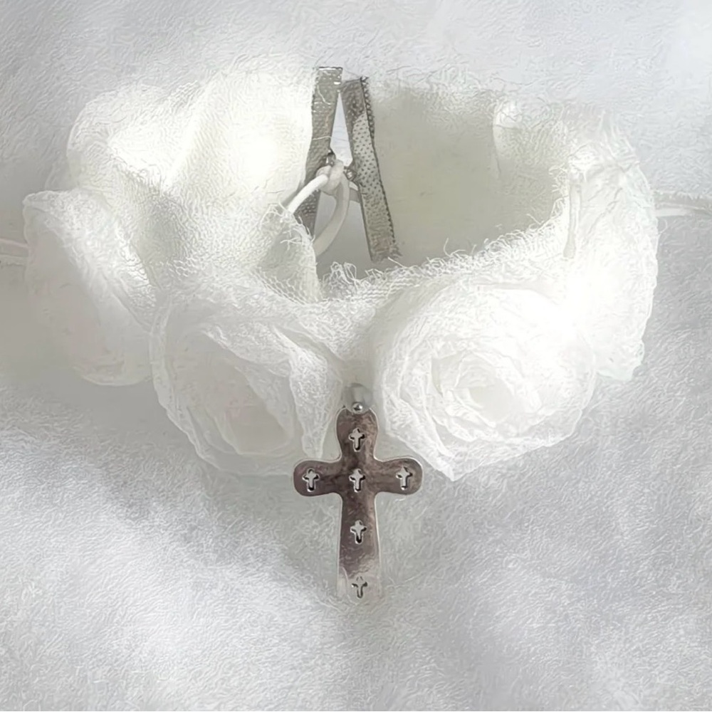 Pure White Angelcore Seersucker Rose Cross Choker Necklace